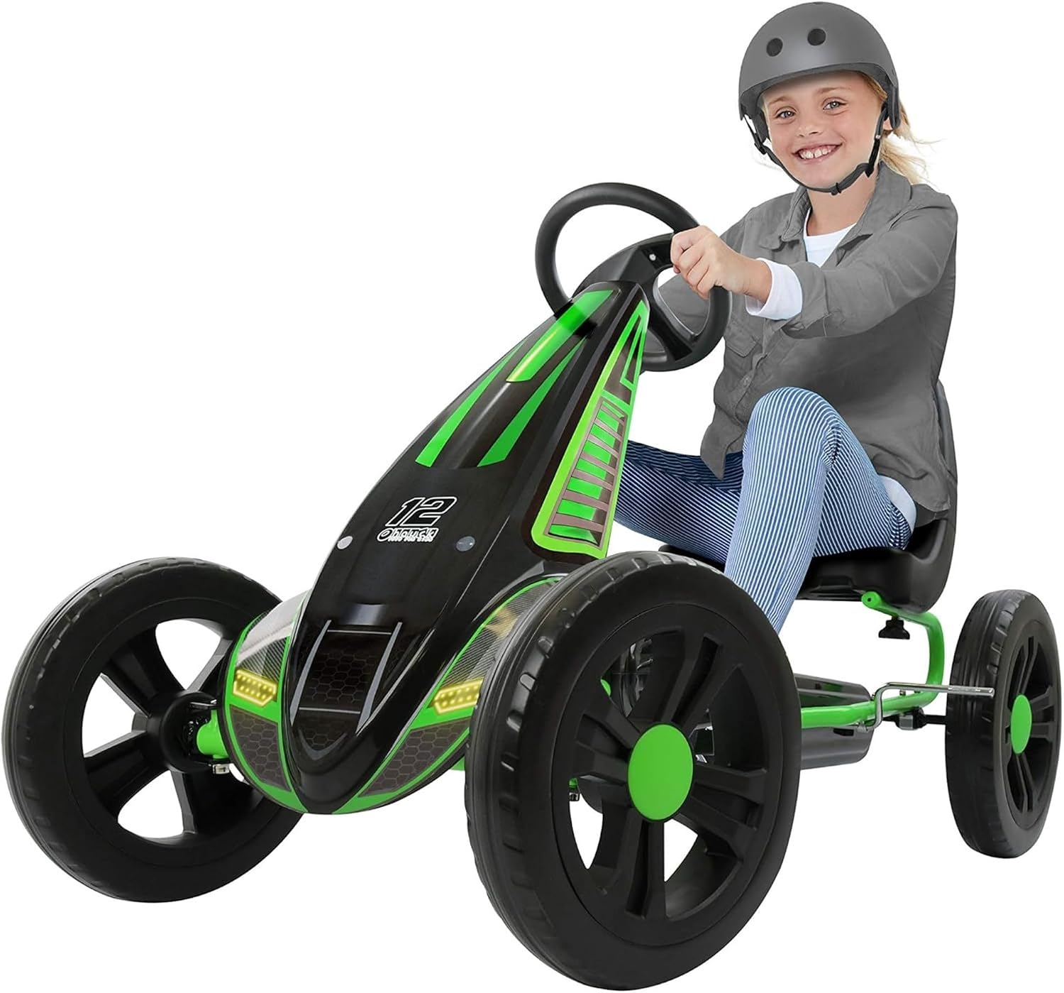hauck Cyclone Junior Racing Go Kart with 12 Inch Rims, Race Style Pedals, and 8 Ball Brake, Lime Green - Ride On Toy for Kids Ages 4 to 8 Years