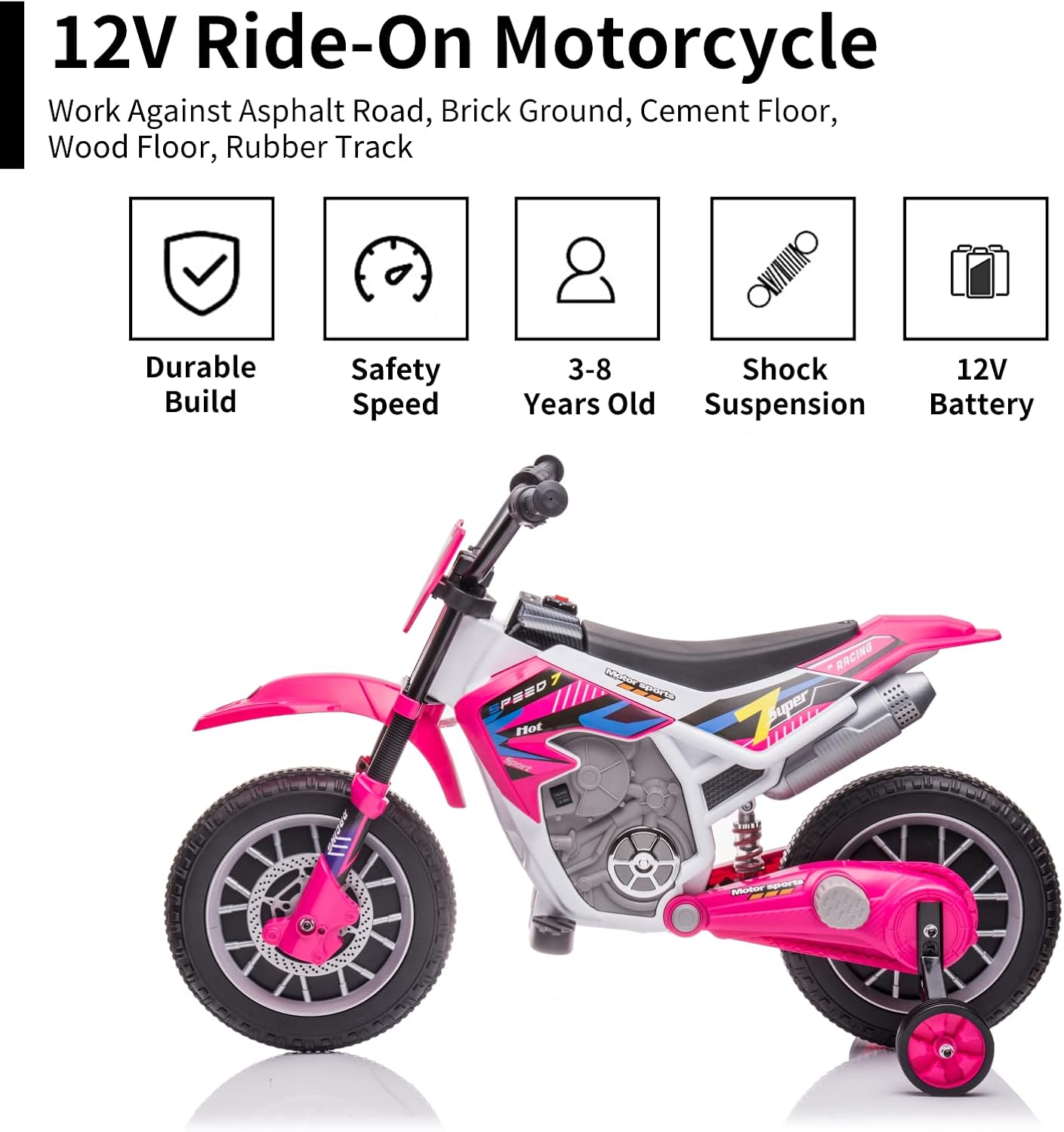 12 Volt Girls Electric Motorcycle with Training Wheels Kids Dirt Bike Battery Powered Ride On Toy Rechargeable Motorbike with 2 Speeds Music Player Shock Absorber, Rose Pink