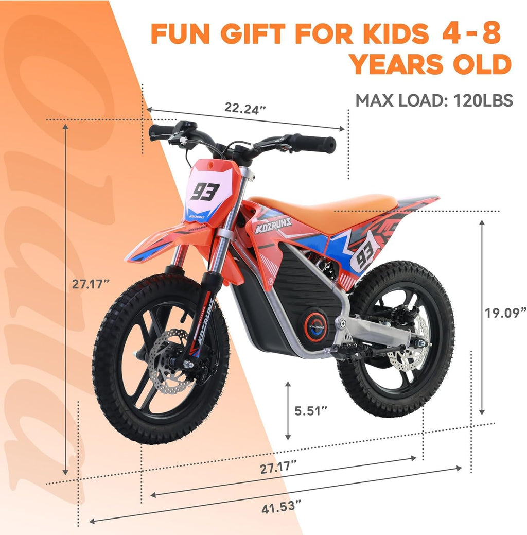 OLALA 36V Electric Dirt Bike for Kids 4-8, 350W Brushless Motor with 3-Speed Control, 18.6 MPH Max Speed, 14' Off-Road Tires Motorcycle, for Boys & Girls, Orange