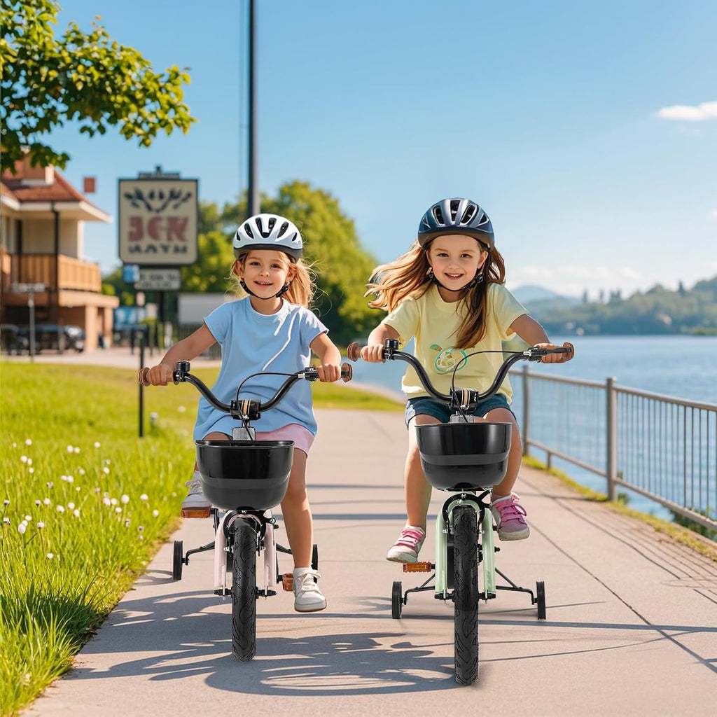 BABY JOY Kids Bike, 12' 14' 16' 18' Tank Bear DIY Children's Bicycle with Training Wheels, Storage Basket, Adjustable Handlebar & Seat, Handbrake & Coaster Brake, Girls Boys Bike
