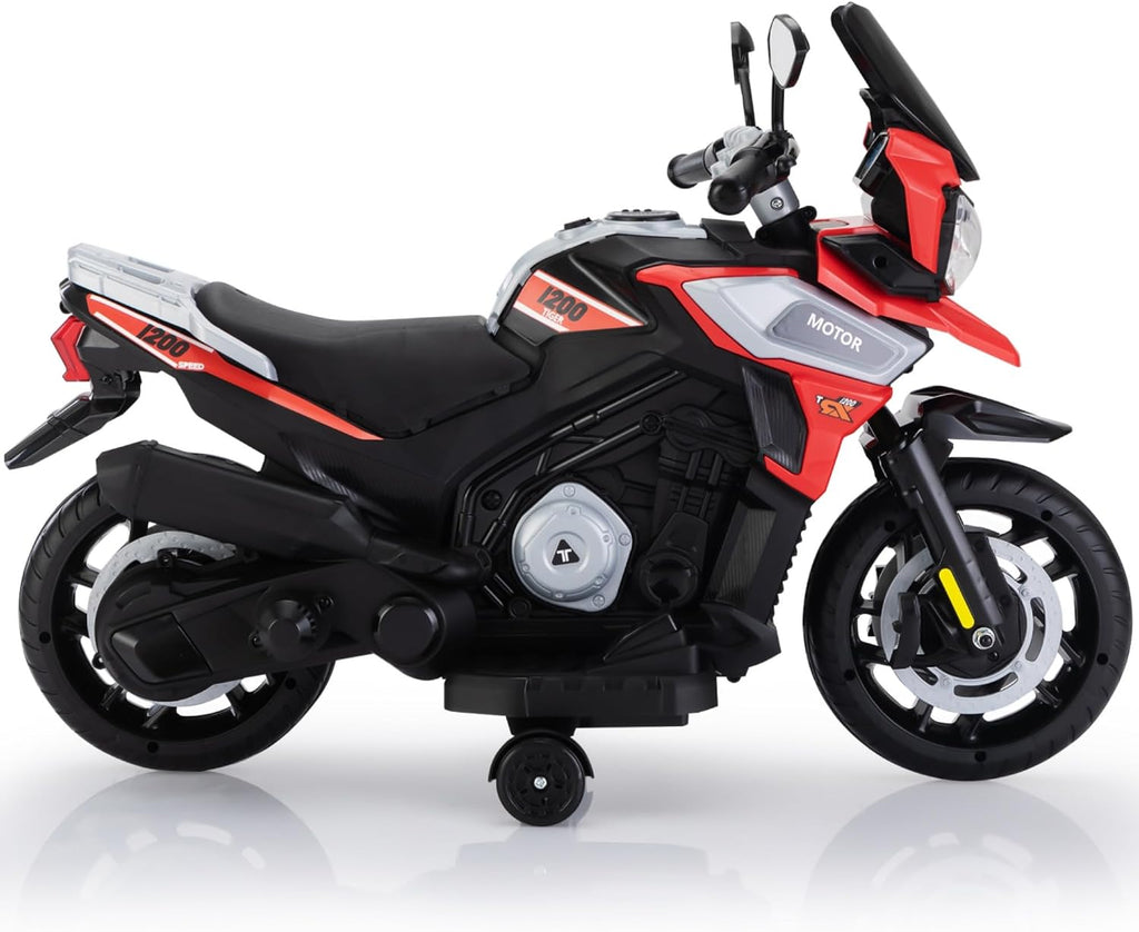 TOBBI Kids Motorcycle Electric Dirt Bike Toddler Motorcycle with Training Wheels 12V Ride on Toys Battery Powered Motor Bike w/Music Headlights for Children, Red