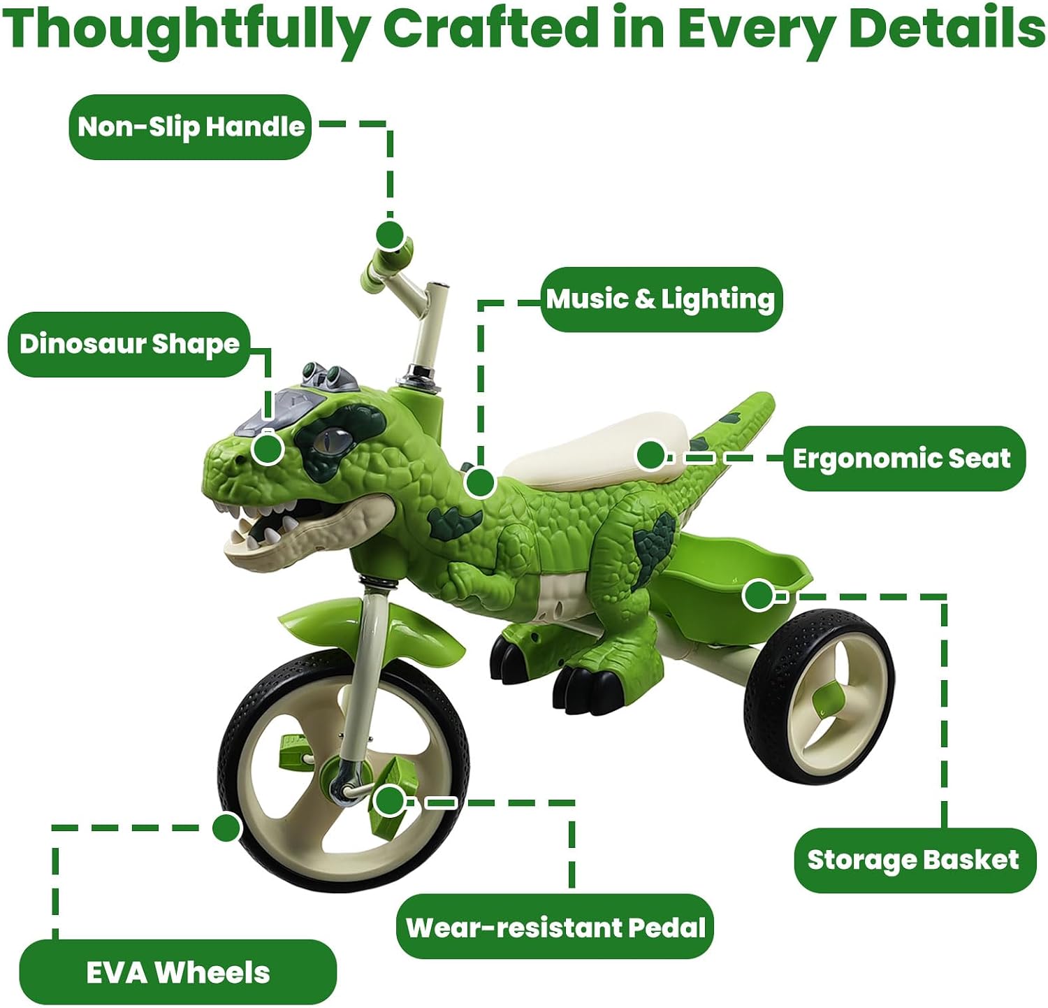 Dinosaur Kids Tricycle for Ages 3-7 Years, Kids Trike Bike Big Wheel with Rubber Wheels, Storage Basket and Music Light, Indoor Outdoor Preschool Kids Bike, Gift for Ages 3-7 Girls & Boys