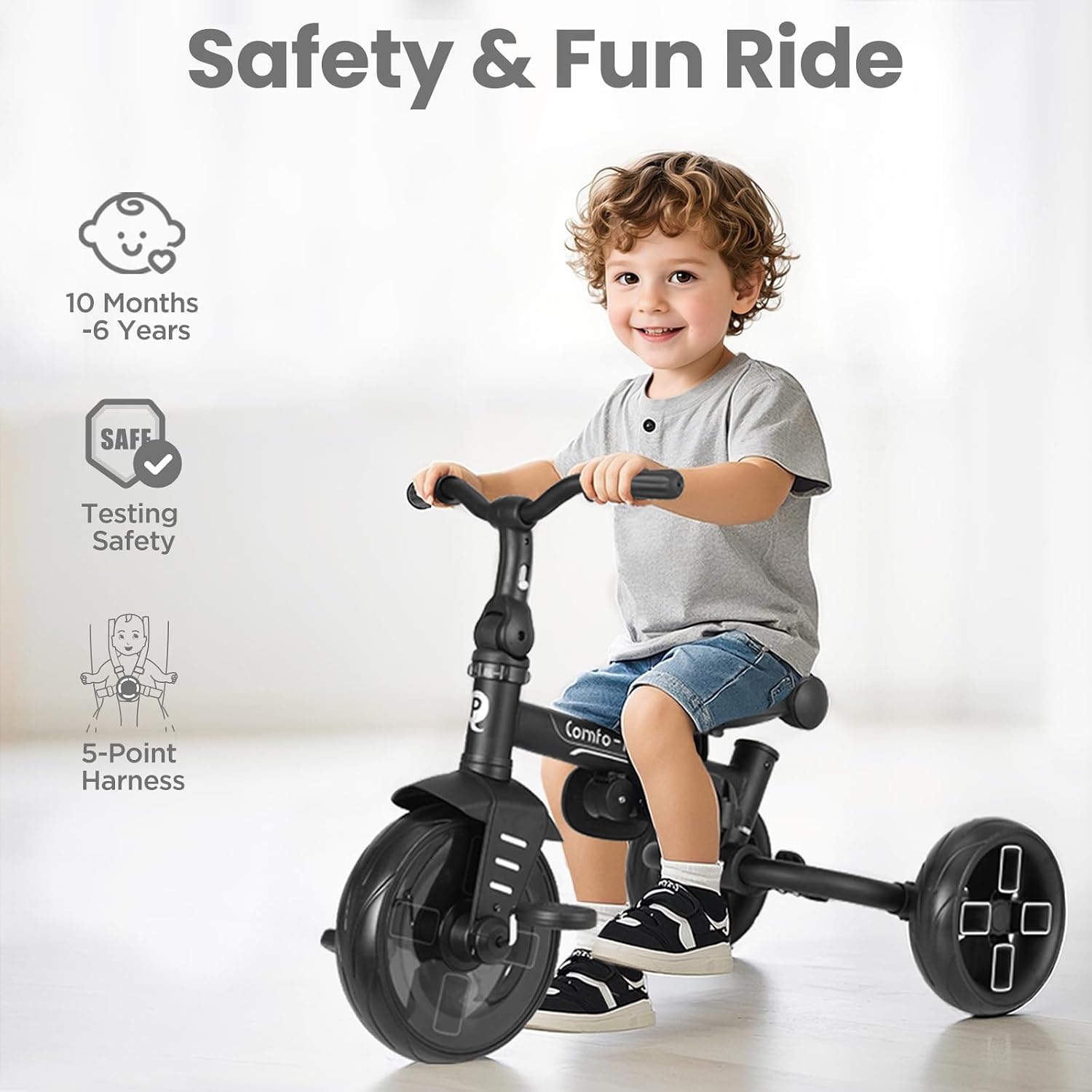 QPlay Toddler Bike Stroller for Baby 10 Months to 6 Years Old, 8-in-1 Foldable Stroller Bike for Toddlers 3-5 Boys & Girls Gifts Trike — Adjustable Handle, Triple Footrest, Canopy & Storage Bag