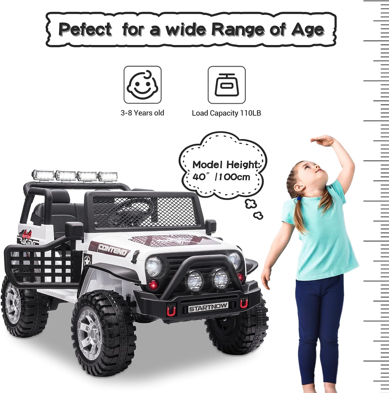 SEHOMY Two Seater Ride on Cars for Kids, 12V Power Wheels Truck with Remote Control, 3 Speed, Spring Suspension, 110LBS Max, Music, Horn, White Kids' Electric Vehicles Toddlers Toy Car for Boys Girls