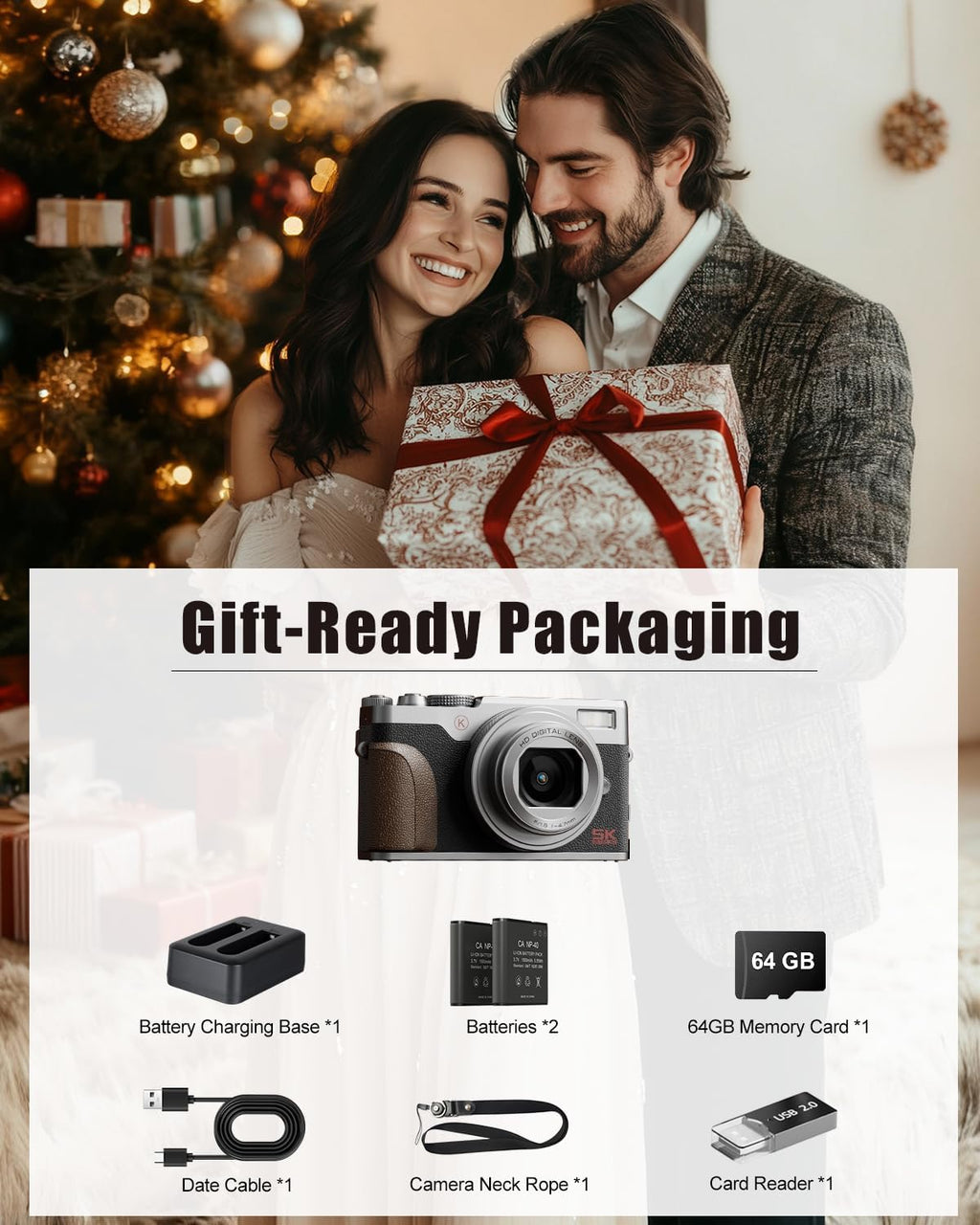 NBD 5K 64MP Digital Camera for Photography with 18X Zoom,2026 Upgraded Autofocus Vlogging Camera,Point and Shoot Digital Cameras with 2 Batteries,64GB TF Card,Flash, Anti-Shake(Silver)