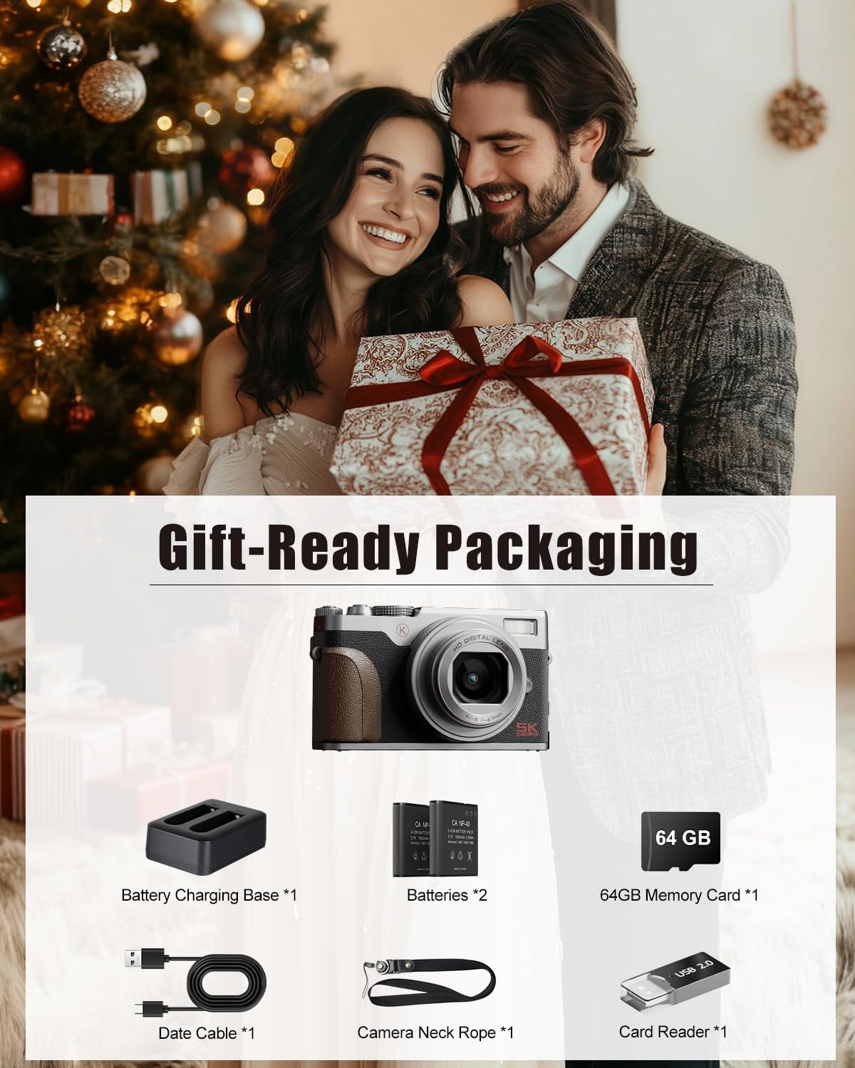 NBD 5K 64MP Digital Camera for Photography with 18X Zoom,2026 Upgraded Autofocus Vlogging Camera,Point and Shoot Digital Cameras with 2 Batteries,64GB TF Card,Flash, Anti-Shake(Silver)