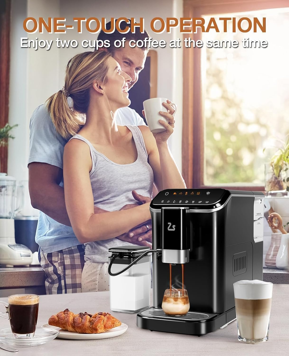 Fully Automatic Espresso Machine With Grinder,Expresso Coffee Machines Milk Frother and Auto-Cleaning With Hot Water Function One-Touch Operation for Latte, Cappuccino, and Macchiato