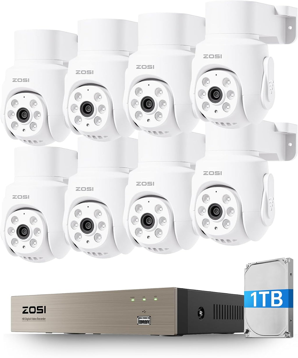 ZOSI 5MP Wired Security Camera System, 8pcs 1080p 360° Pan/Tilt Weatherproof Cameras, Audio Recording, AI Human Vehicle Detection, Night Vision, H.265+ 8CH Home DVR with 1TB HDD for 24/7 Surveillance