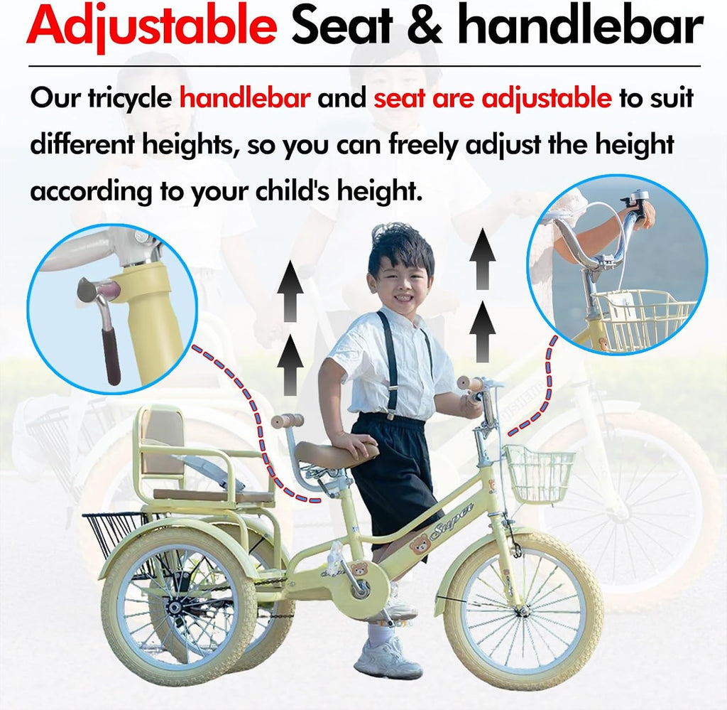 SRNSAEB Pink Gray Green Yellow 3-Wheel Bikes Carrying Passengers, Three Wheel Cruiser Bike Two-Seater Children Tricycle, Double Twins Toy Bicycle with Adjustable Height Seats & Handle(Pink,14in)