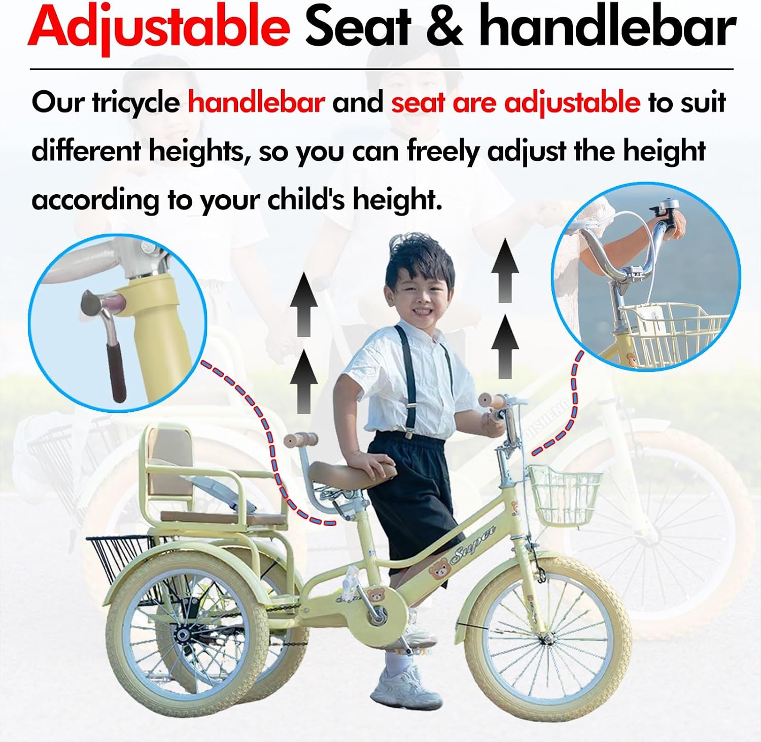SRNSAEB Pink Gray Green Yellow 3-Wheel Bikes Carrying Passengers, Three Wheel Cruiser Bike Two-Seater Children Tricycle, Double Twins Toy Bicycle with Adjustable Height Seats & Handle(Pink,20in)