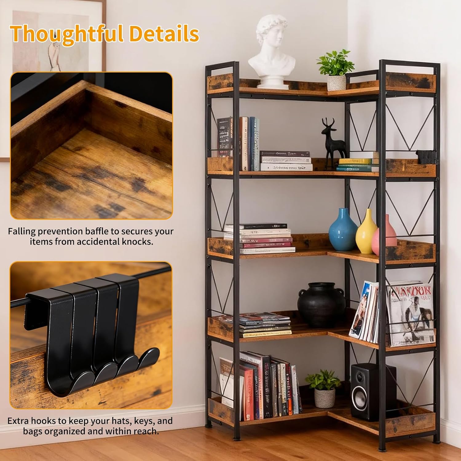 DUMOS 65 inch L Shaped Bookshelf, 5 Tier Corner Bookcase with Hooks and Edge, Industrial Pantry Shelves with Metal Frame, Wooden Open Storage for Living Room, Home Office, Bedroom, Rustic Brown