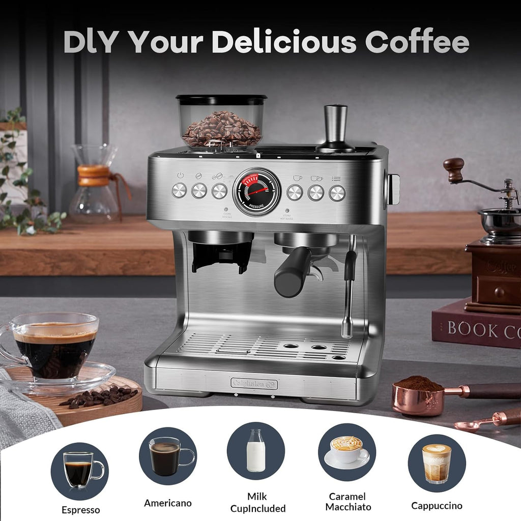 20 Bar Espresso Machine with Grinder & Milk Frother, Coffee Machine with 96Oz Removable Water Tank, Professional Espresso Maker for Home Café, Stainless Steel Coffee Maker for Cappuccino, Latte
