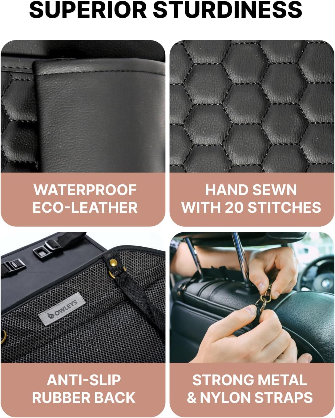 Owleys Back Seat Car Organizer for Kids, Front Passenger Caddy, Center Row Vehicle Storage with Pockets – Premium Eco Leather, 8 Compartments, Black Travel Accessory for SUV, Truck, Sedan, Van, Jeep