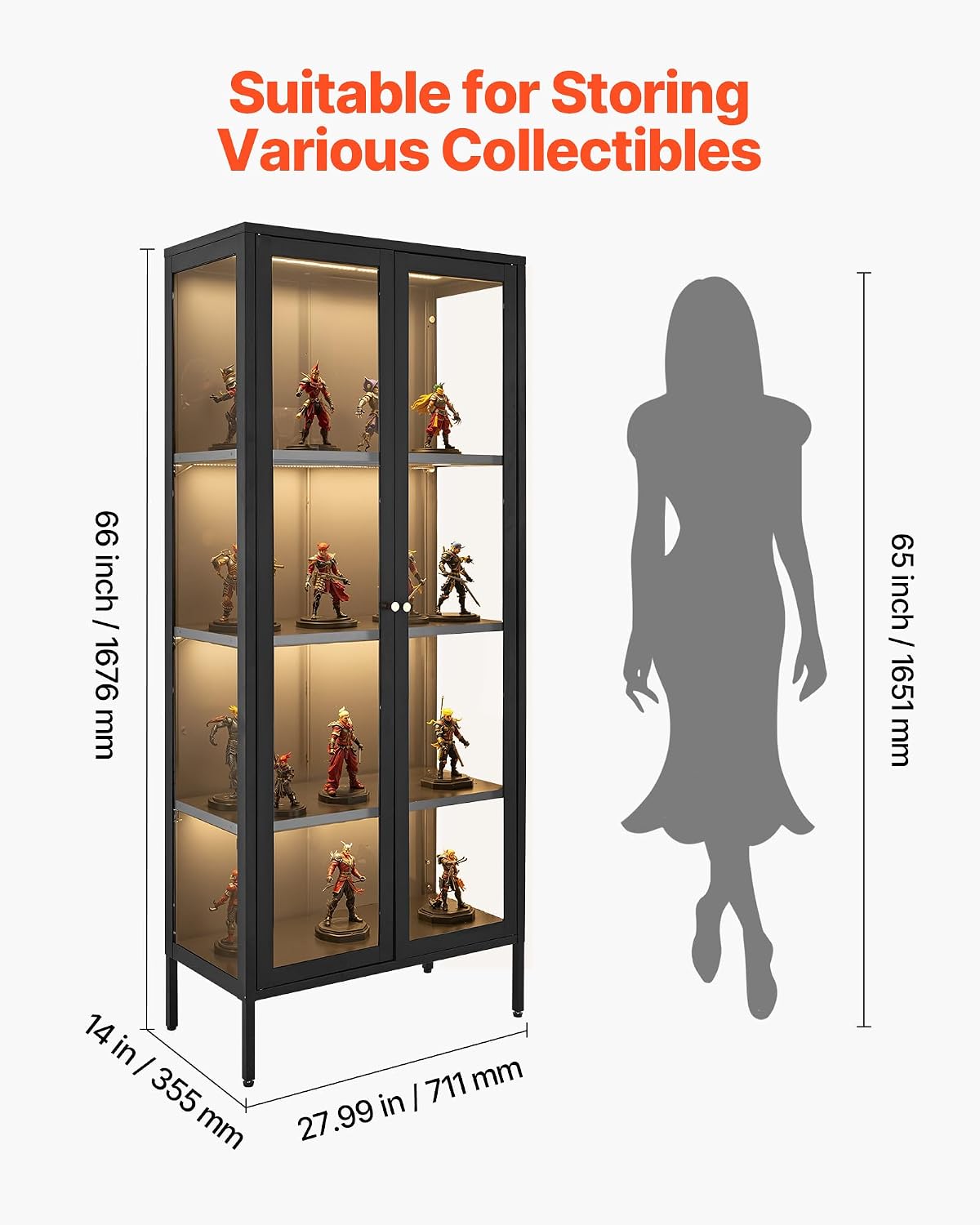 VEVOR Display Cabinet with Glass Door, 66 in Tall 4-Tier Lighted Display Case with 3 Color Lights, Metal Storage Cabinet with 3 Adjustable Shelves, Curio Cabinet for Collectibles Figures Trophy