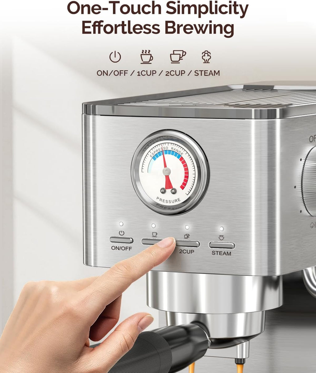 Maestri House Espresso Machines 20 Bar ULKA Pump, Compact Espresso Maker Built-in Flow Meter Steam Milk Frother, 43oz Removable Water Tank Stainless Steel Coffee Machine for Cappuccino (Sliver)