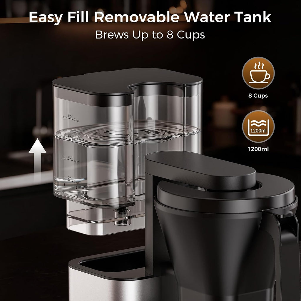 Kismile SCA-Certified 8 Cup Drip Coffee Maker, Pour Over Coffee Machine with 3s Instant Heat 197–205℉, Adjustable Flow Control, Removable Water Tank, Deep Cold Brew & 40 Min Keep Warm (Silver)