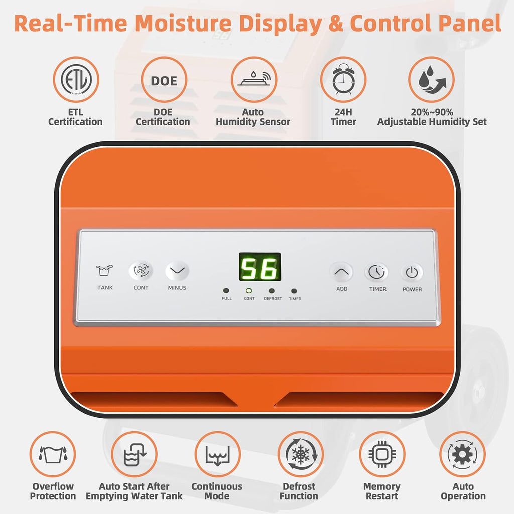 COSTWAY 163 Pints Commercial Dehumidifier, 4500 Sq.Ft Crawl Space Dehumidifier with Drain Hose, 24H Timer, for Basement, Warehouse, Job Site (Orange)