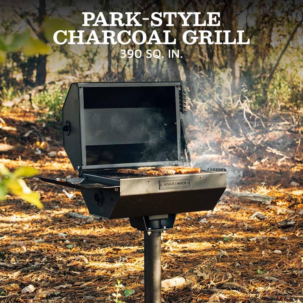 Ash & Ember Park-Style Grill & Smoker, 390 Sq. In Charcoal Grill with Cover, Side Shelf for BBQ Cooking Prep & Accessories, Single Post Barbeque Grill, Outdoor Grills & Smokers