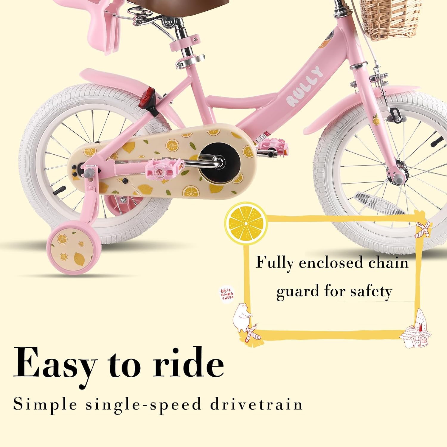 RULLY Fruit Kids Bike 12 14 16 Inch Bicycle for Girls Ages 2-7 Years, Training Wheels Included, Girl Bikes with Basket & Doll Seat | 12, 14, 16, Inch, Bicycle