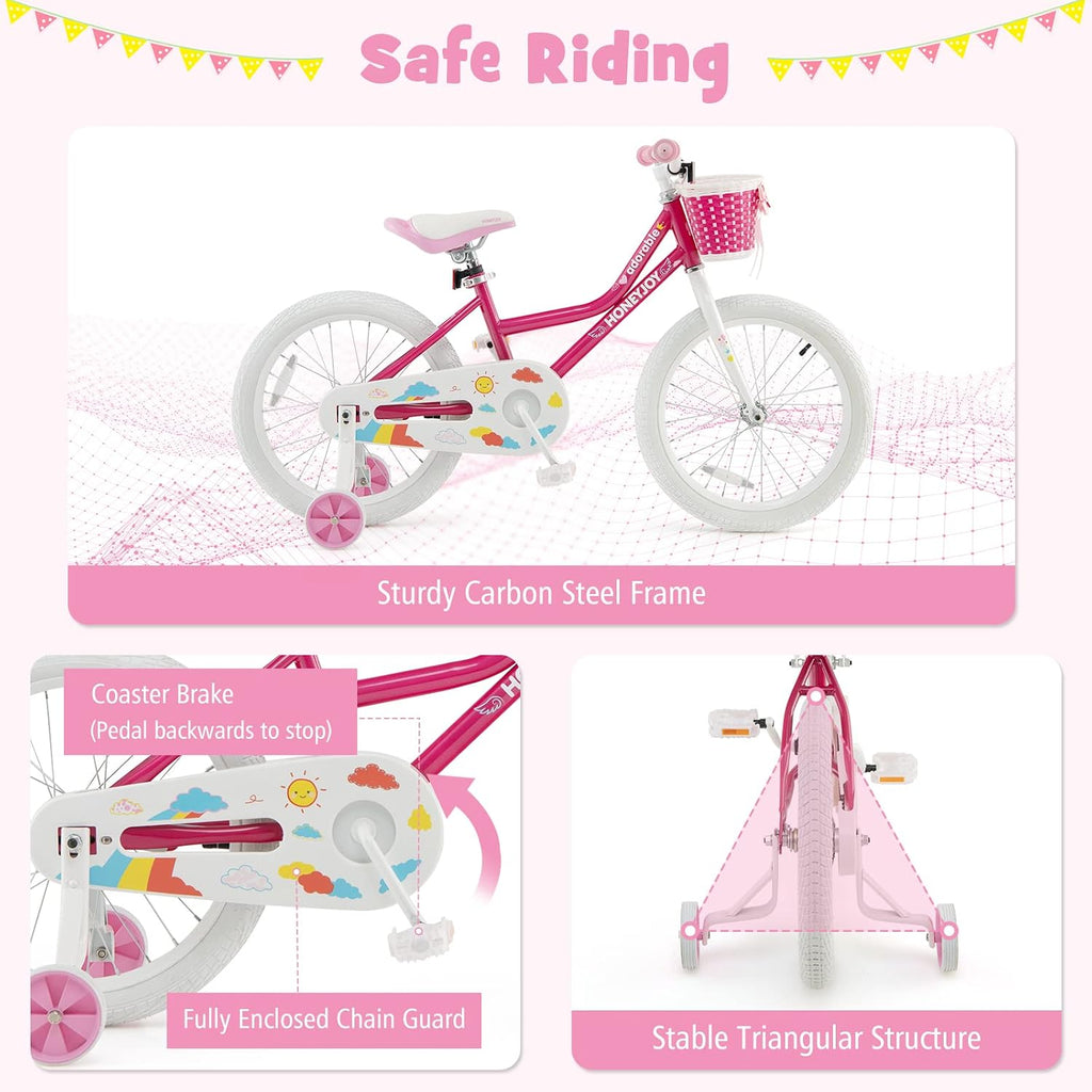 HONEY JOY Kids Bike, 14 16 18 Inch Girls Bike for Toddlers w/Training Wheels, Handbrake & Coaster Brake, Steel Frame, Fully Enclosed Chain, Little Princess Style Children Bicycle, Gift for Girls 3-8