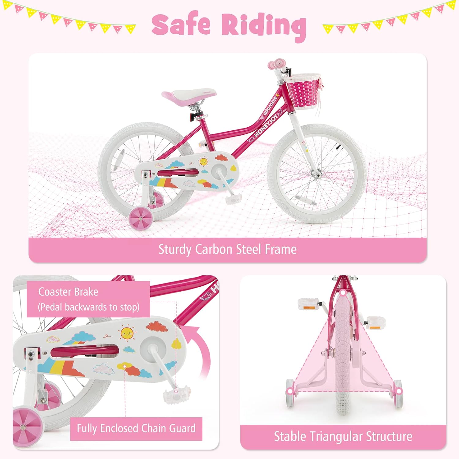 HONEY JOY Kids Bike, 14 16 18 Inch Girls Bike for Toddlers w/Training Wheels, Handbrake & Coaster Brake, Steel Frame, Fully Enclosed Chain, Little Princess Style Children Bicycle, Gift for Girls 3-8