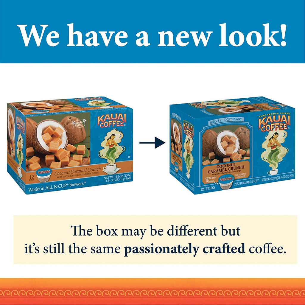 Kauai Coffee Pods Compatible with K-Cup Pods for Keurig Brewers – 20% Hawaiian Arabica – Medium Roast, Rich, Smooth, No Bitterness – Coconut Caramel Crunch, 6 Packs of 12 Single Serve Cups