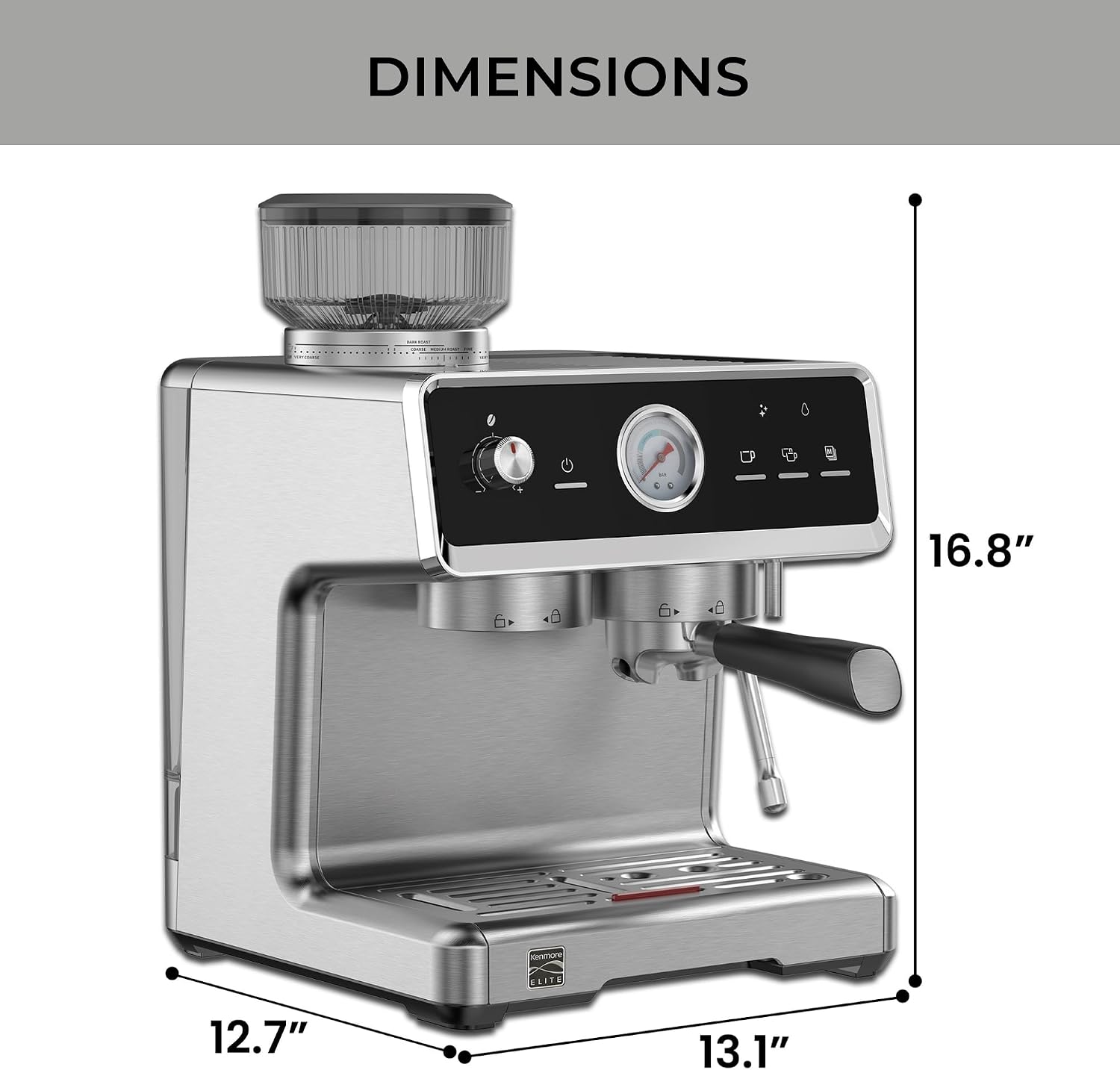 Kenmore Espresso Machine - Automatic Coffee Maker With Auto Tamper, Auto Cleaning, Milk Steamer & Frother, Bean Grinder, Make Professional Barista Style Cappuccino, Latte, Stainless Steel