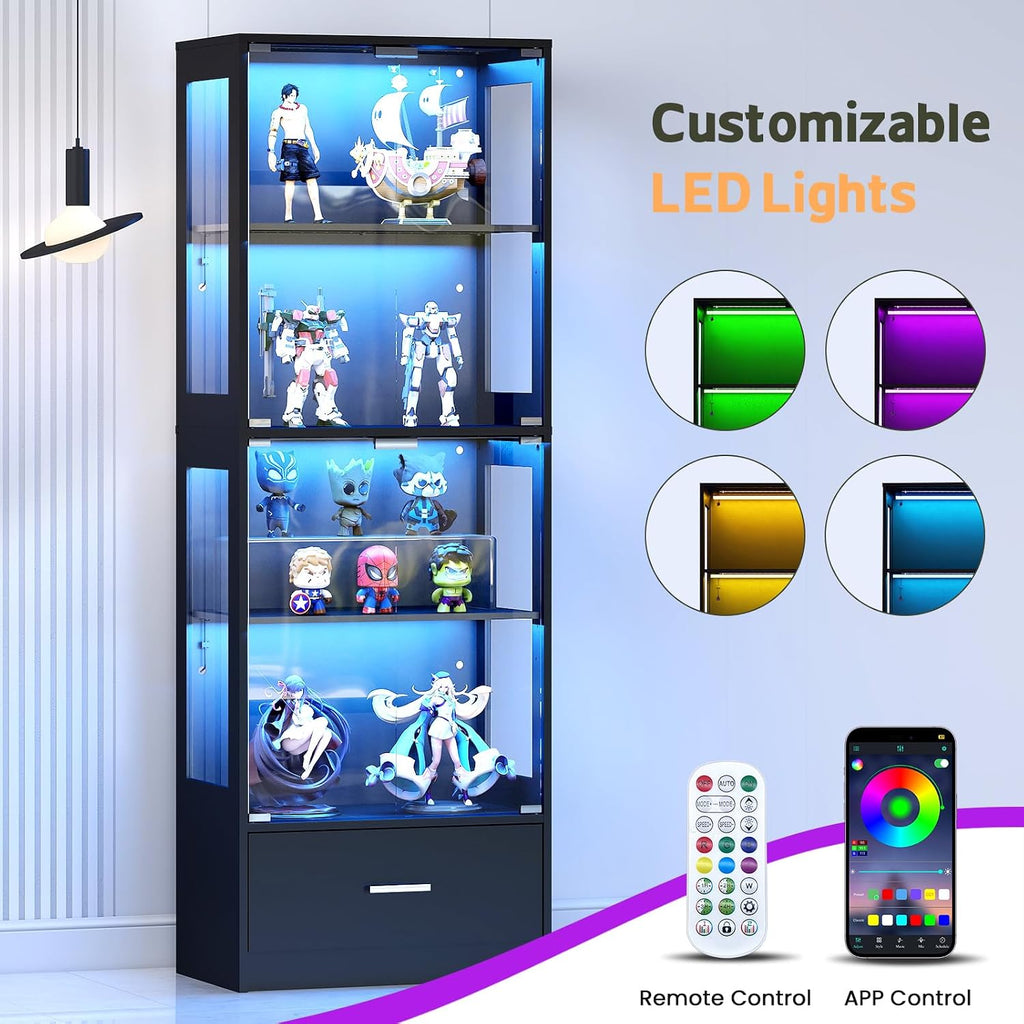 Lamtor Display Cabinet with Glass Doors - 67' Curio Cabinet with RGB LED Lights and Drawer for Collectibles, 4 Tier Glass Display Case for Living Room, Office, Black(Narrow)