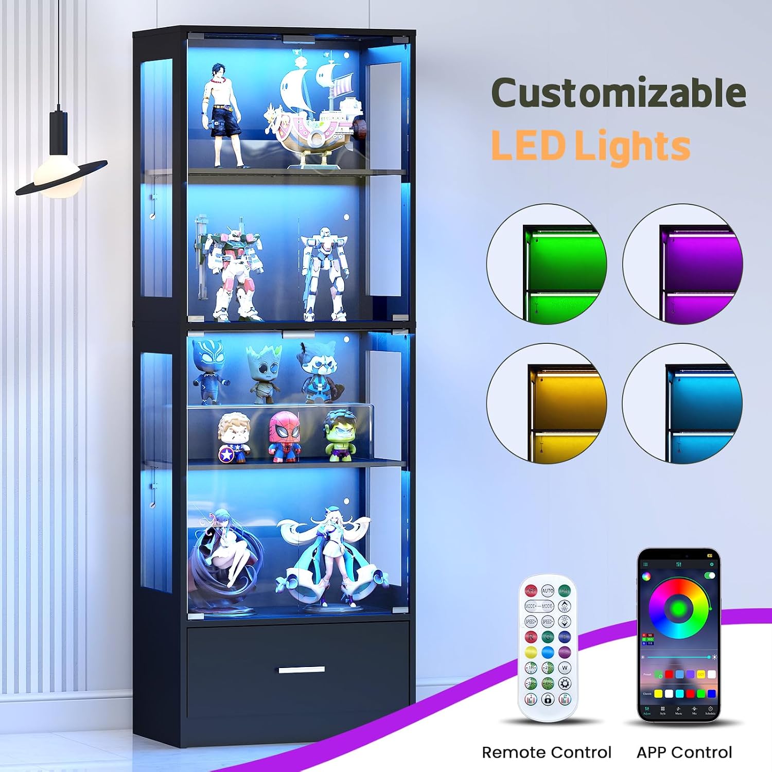 Lamtor Display Cabinet with Glass Doors - 67' Curio Cabinet with RGB LED Lights and Drawer for Collectibles, 4 Tier Glass Display Case for Living Room, Office, Black(Narrow)