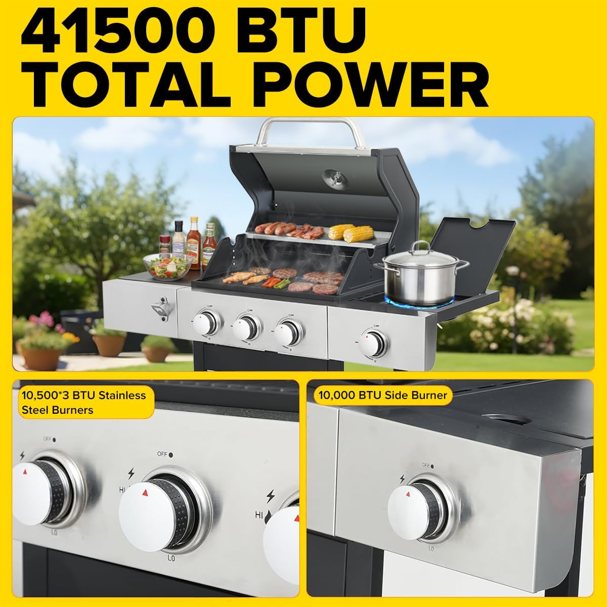 CIG GARDEN 3-Burner Propane Gas Grill With Side Burner, Double-layer Stainless Steel BBQ Grill with Lid Cast Iron Grates, 41,500 BTU Output Perfect for Outdoor Cooking, Backyard, Camping, BBQ Grill
