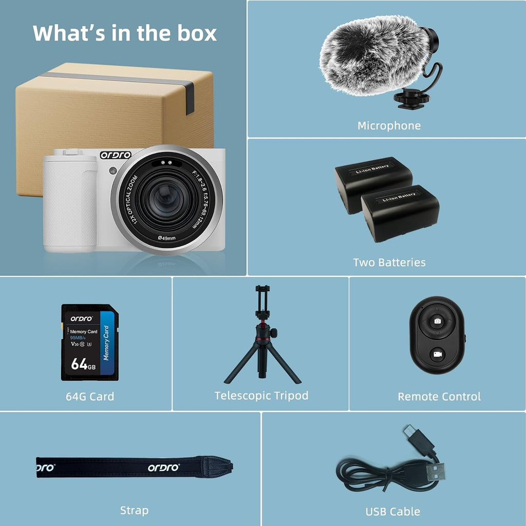 ORDRO 5K Digital Cameras for Photography - 64MP 12X Optical Zoom Travel Content Creator Camera & YouTube Vlogging Camera with Flip Screen, Microphone & Tripod Grip, 64GB Memory Card(White)