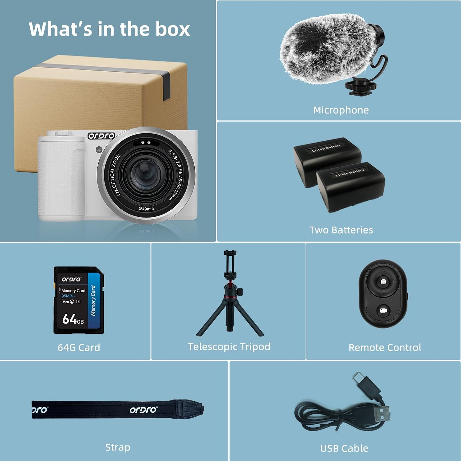 ORDRO 5K Digital Cameras for Photography - 64MP 12X Optical Zoom Travel Content Creator Camera & YouTube Vlogging Camera with Flip Screen, Microphone & Tripod Grip, 64GB Memory Card(White)