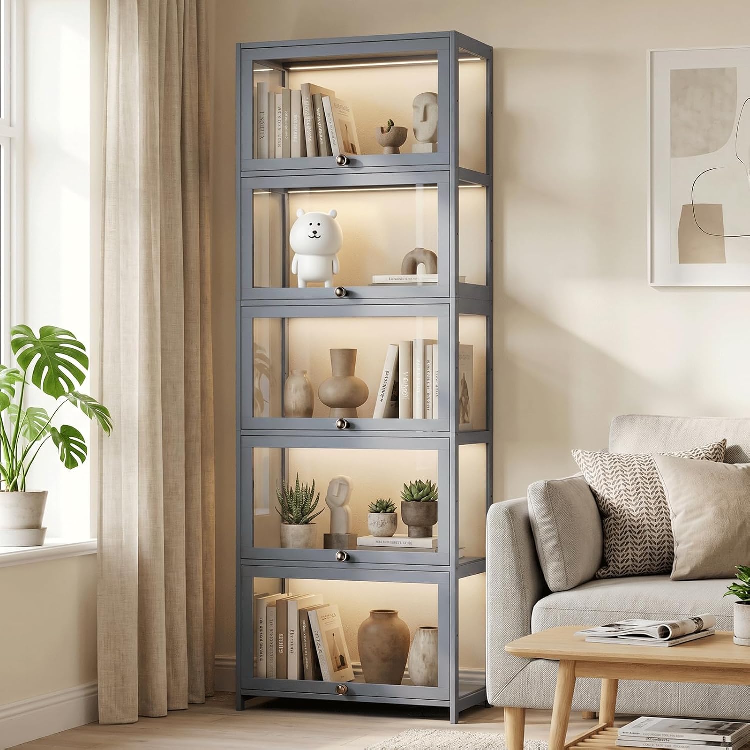 Magshion Display Cabinet, 5-Tier Display Case with Acrylic Doors, Large Curio Cabinet for Collectibles, Clear Showcase for Living Room, Bedroom, Office, 13'(L) x 23.5'(W) x 67.5'(H)