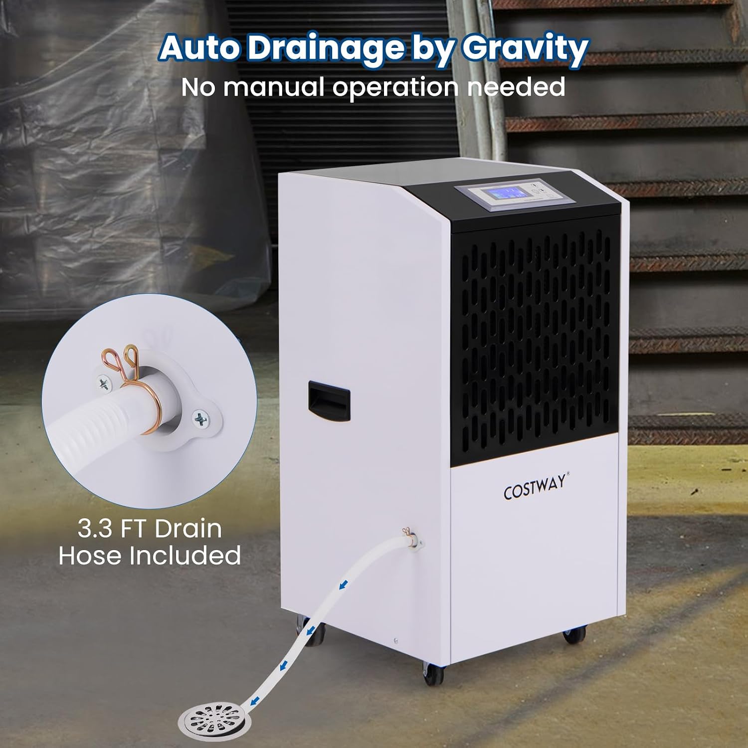 COSTWAY 250 Pints Commercial Dehumidifier with Drain Hose, Industrial Heavy Duty Dehumidifier, 24H Timer & 4 Wheels for Basement, Warehouse, Water Damage Restoration, Large Spaces up to 8,500 Sq.Ft