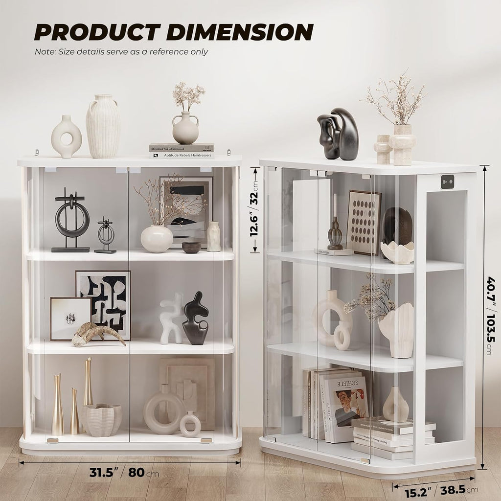 BROTTAR Rounded Display Cabinet with Glass Door, 3-Tier Curio Cabinet with 3 Color Lights for Collectibles, Glass Display Case with Transparent Full-Display Surface, Human Body Sensor, White
