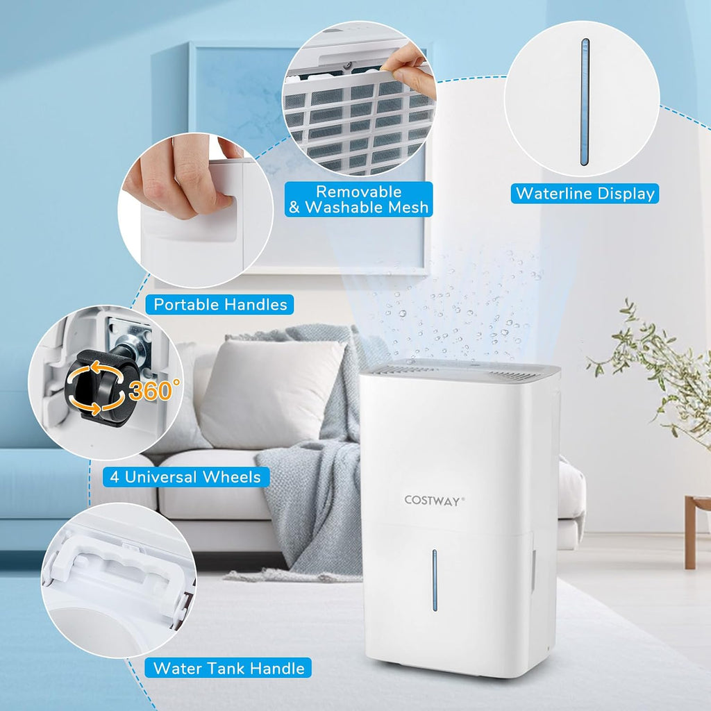 COSTWAY 65 Pints Energy Star Dehumidifier, 5000 Sq.Ft Portable Large Home Dehumidifier for Basements with 2 Modes & 3 Fan Speeds, 1.4 Gallon Tank