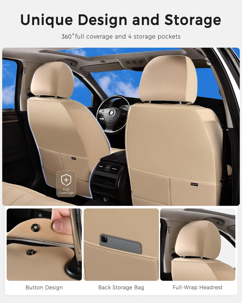 Huidasource Beige Front Seat Cover, Nappa Leather Front Car Seat Cover with Lumbar Support, Ventilation Holes, Elastic Fabric, Airbag, Full-Coverage Seat Covers, Fit for Most Cars SUV Trucks, Beige