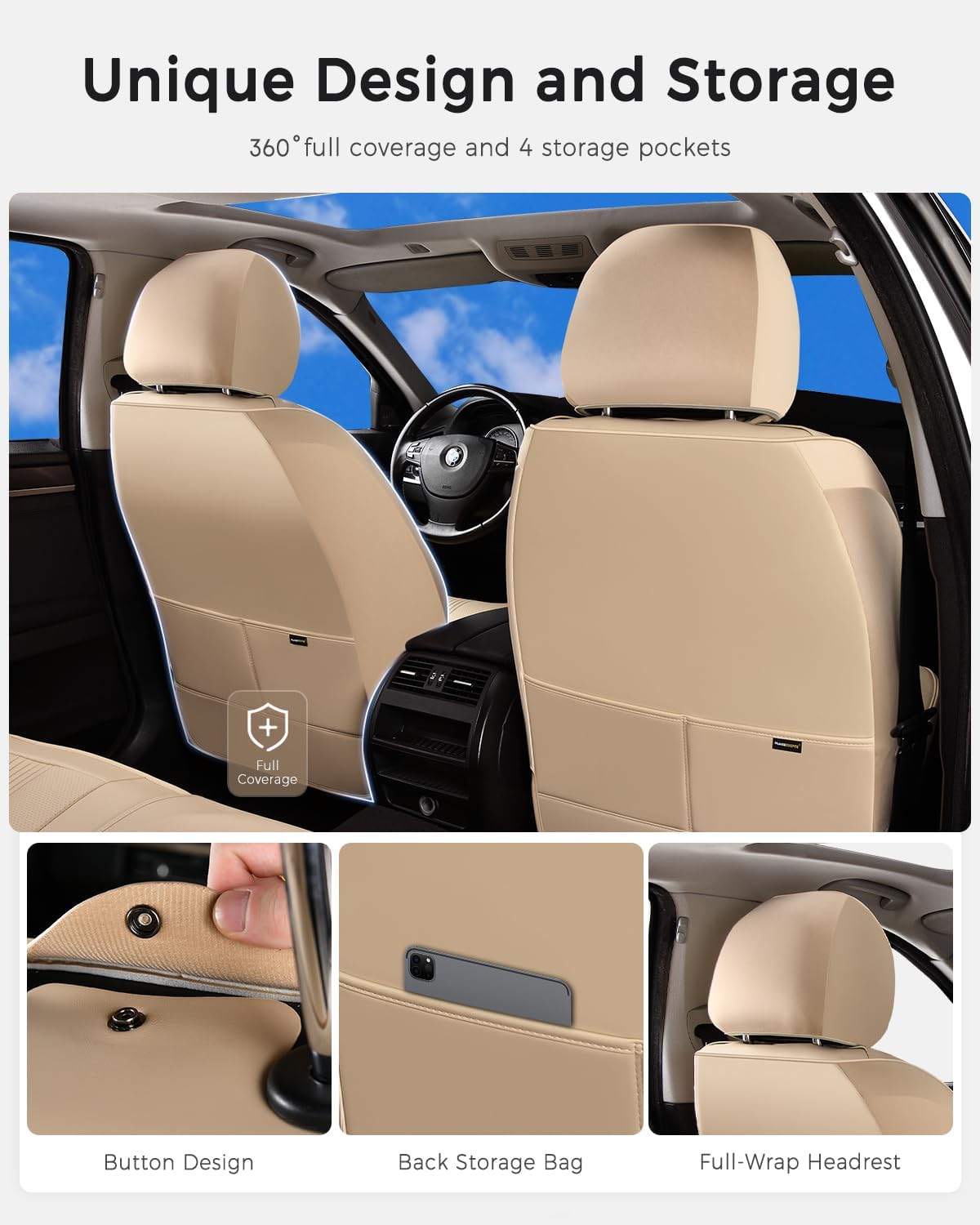 Huidasource Beige Front Seat Cover, Nappa Leather Front Car Seat Cover with Lumbar Support, Ventilation Holes, Elastic Fabric, Airbag, Full-Coverage Seat Covers, Fit for Most Cars SUV Trucks, Beige