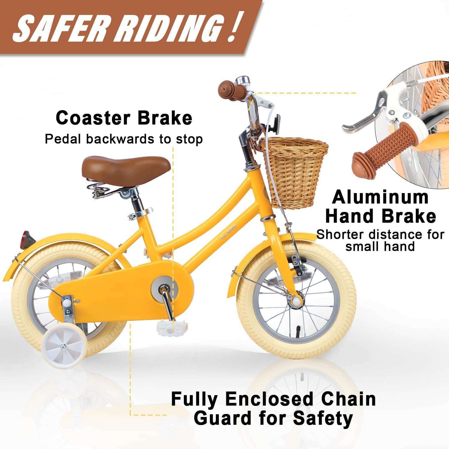Glerc Little Molly 12-20 Inch Kids Retro Cruiser Bike for 2-13 Year Old with Wicker Basket & Training Wheels/Kickstand, Multiple Colors
