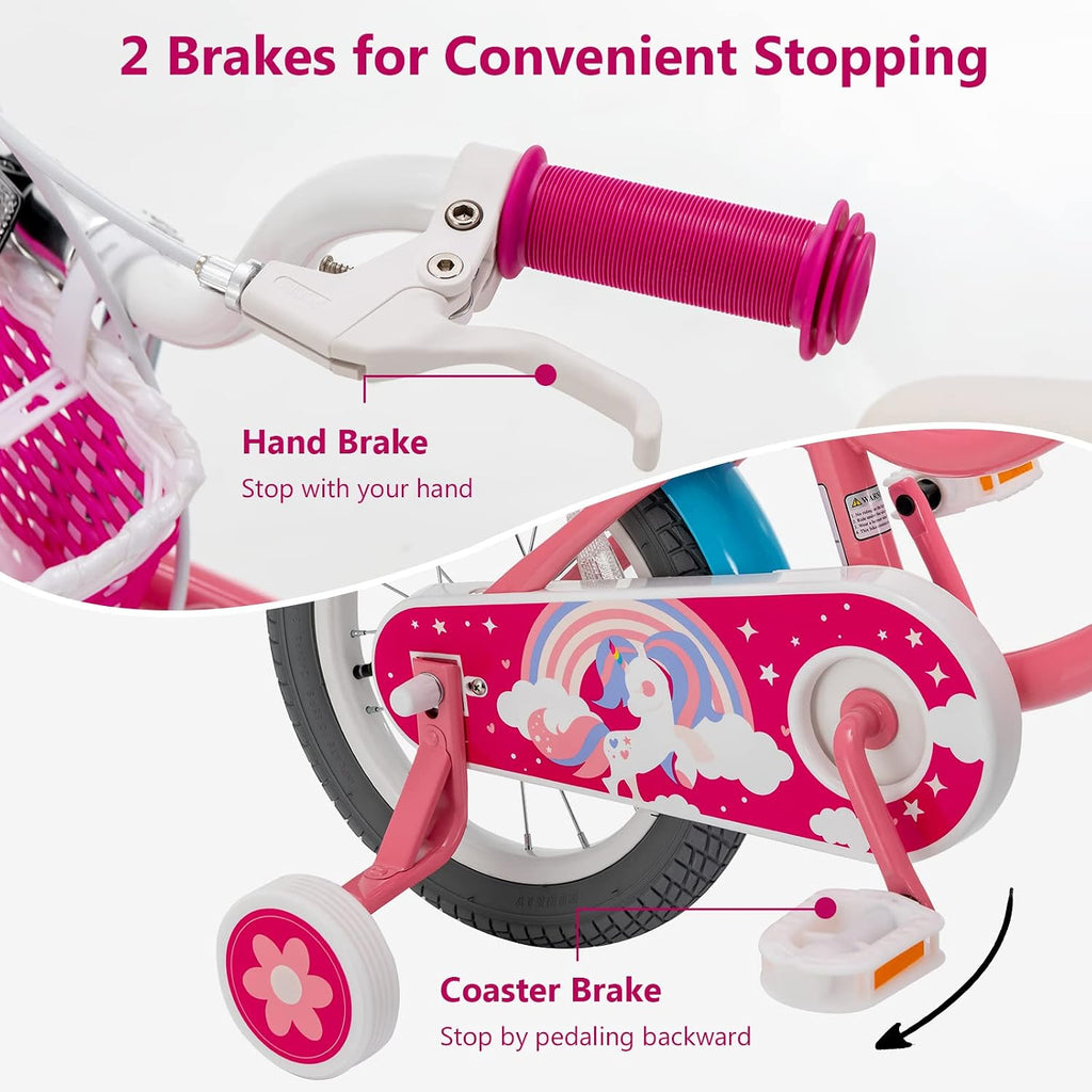 GYMAX Kids Bike, 14/16/18 Inch Kids Bicycle with Removable Training Wheels, Coaster Brake, Handbrake, Basket & Doll Chair, Toddler Girls & Boys Bike for Age 3-9