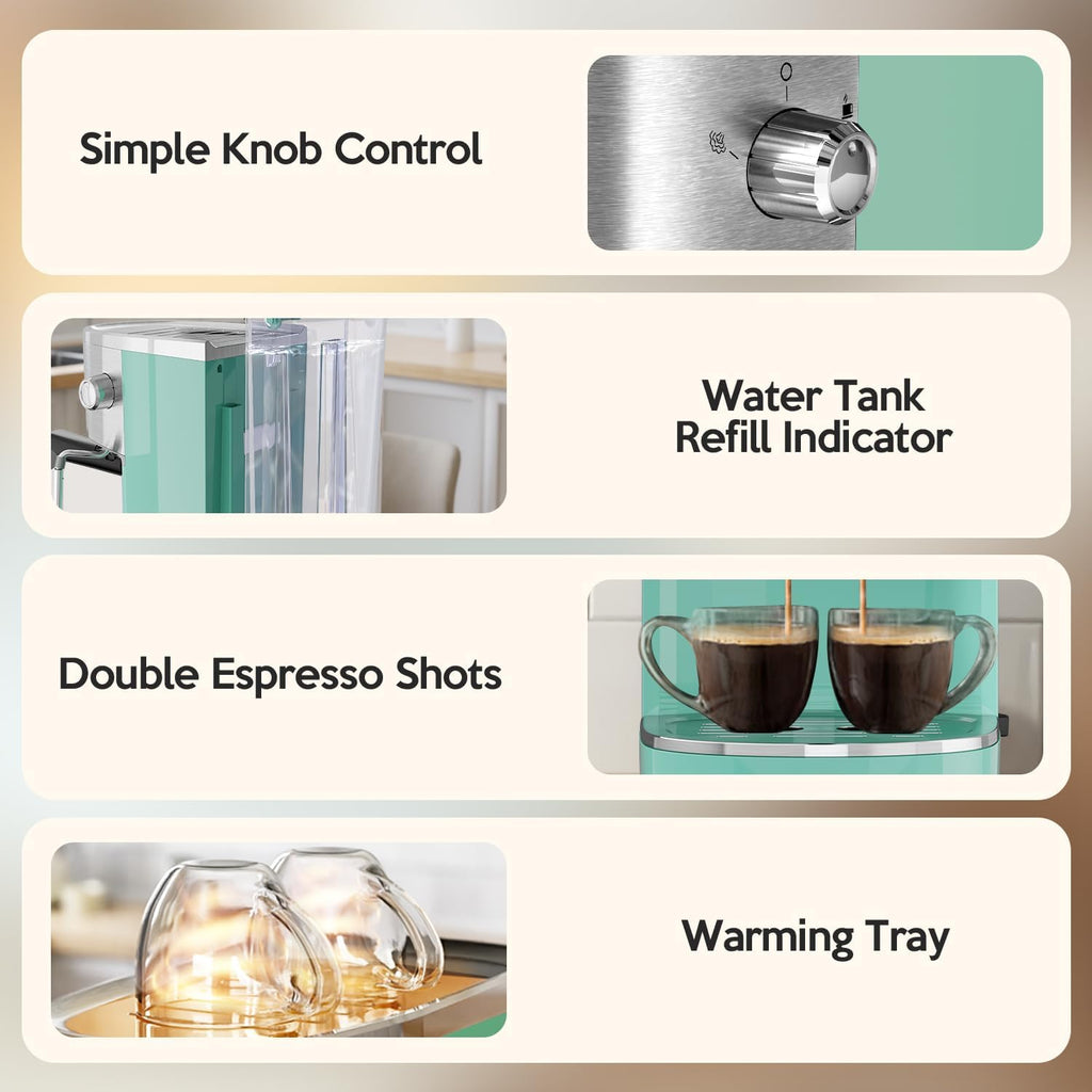 20 Bar Espresso Machine Semi-Automatic, Professional Coffee Maker with Milk Frother Steam Wand & 45OZ Removable Water Tank, Home Barista System for Cappuccino, Latte, Americano-Stainless Steel-Green