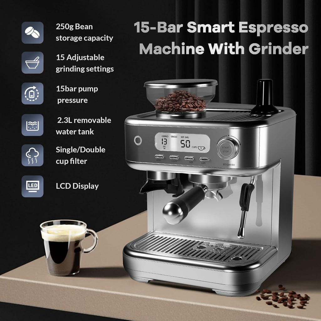Semi-Automatic Espresso Machine, Dual Boiler 20 Bar Coffee Maker With Grinder 30 Size Setting, Expresso Coffee Machines With Steam Wand for Cappuccino Latte, 95 Oz Removable Water Tank