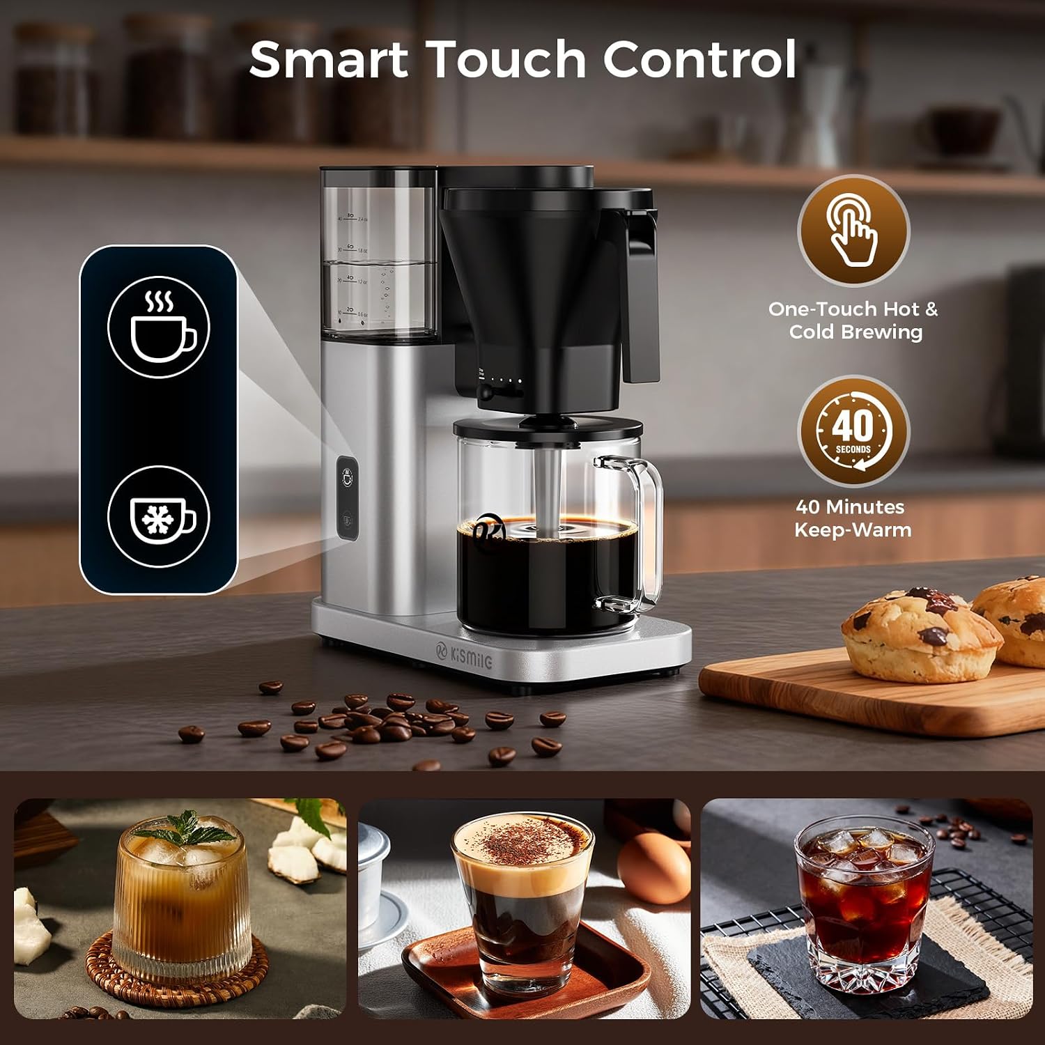Kismile SCA-Certified 8 Cup Drip Coffee Maker, Pour Over Coffee Machine with 3s Instant Heat 197–205℉, Adjustable Flow Control, Removable Water Tank, Deep Cold Brew & 40 Min Keep Warm (Silver)