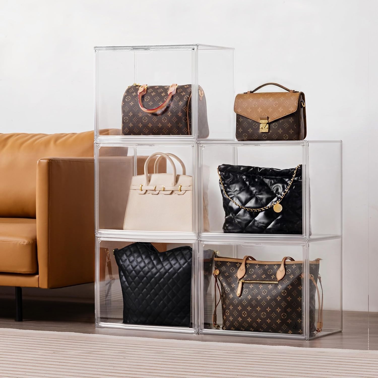 HBlife 5 Pack Purse Storage Organizer for Closet, X-Large Clear Stackable Handbag Display Case Box with Magnetic Door for Collectibles, Cosmetics, Women Heels and Toys