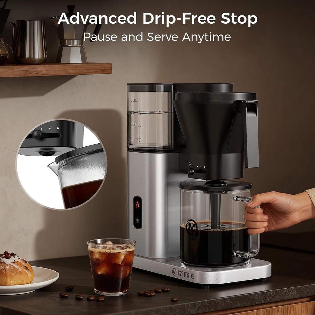 Kismile SCA-Certified 8 Cup Drip Coffee Maker, Pour Over Coffee Machine with 3s Instant Heat 197–205℉, Adjustable Flow Control, Removable Water Tank, Deep Cold Brew & 40 Min Keep Warm (Silver)