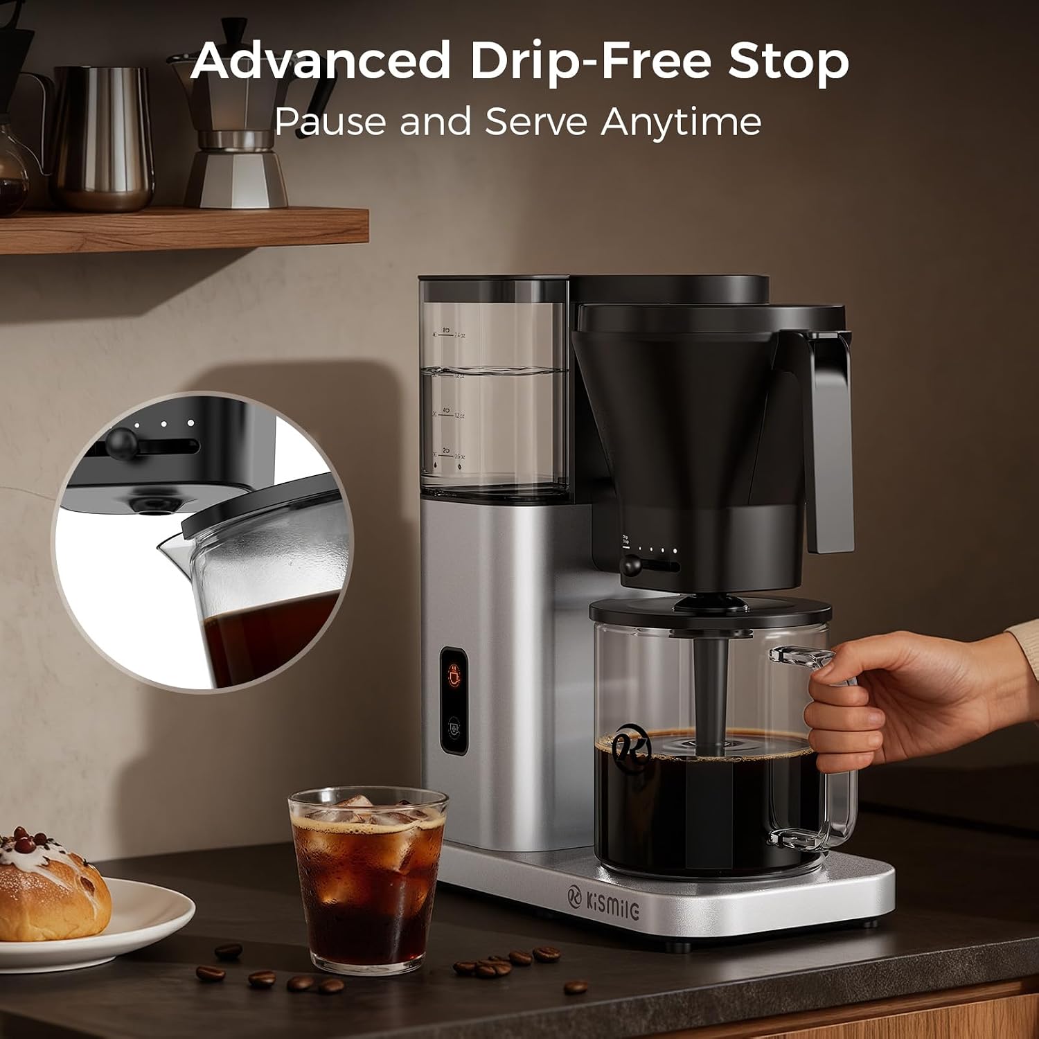 Kismile SCA-Certified 8 Cup Drip Coffee Maker, Pour Over Coffee Machine with 3s Instant Heat 197–205℉, Adjustable Flow Control, Removable Water Tank, Deep Cold Brew & 40 Min Keep Warm (Silver)