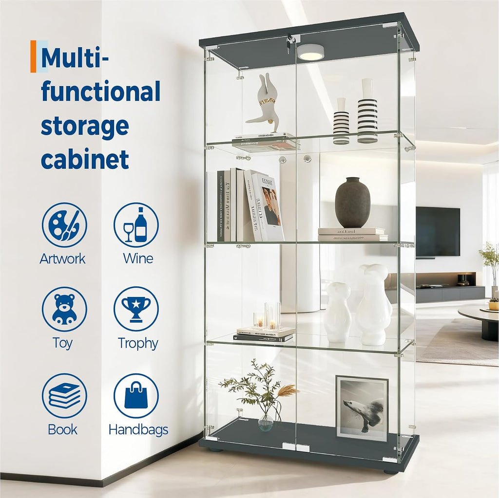 Garvee Glass Display Cabinet with LED Light, Tempered Glass Curio Collection Display Showcase with 4 Shelves and Lock, 2 Door Curio Cabinets for Living Room Bedroom Office, 64 x 31.7 x 14.3 in, Black