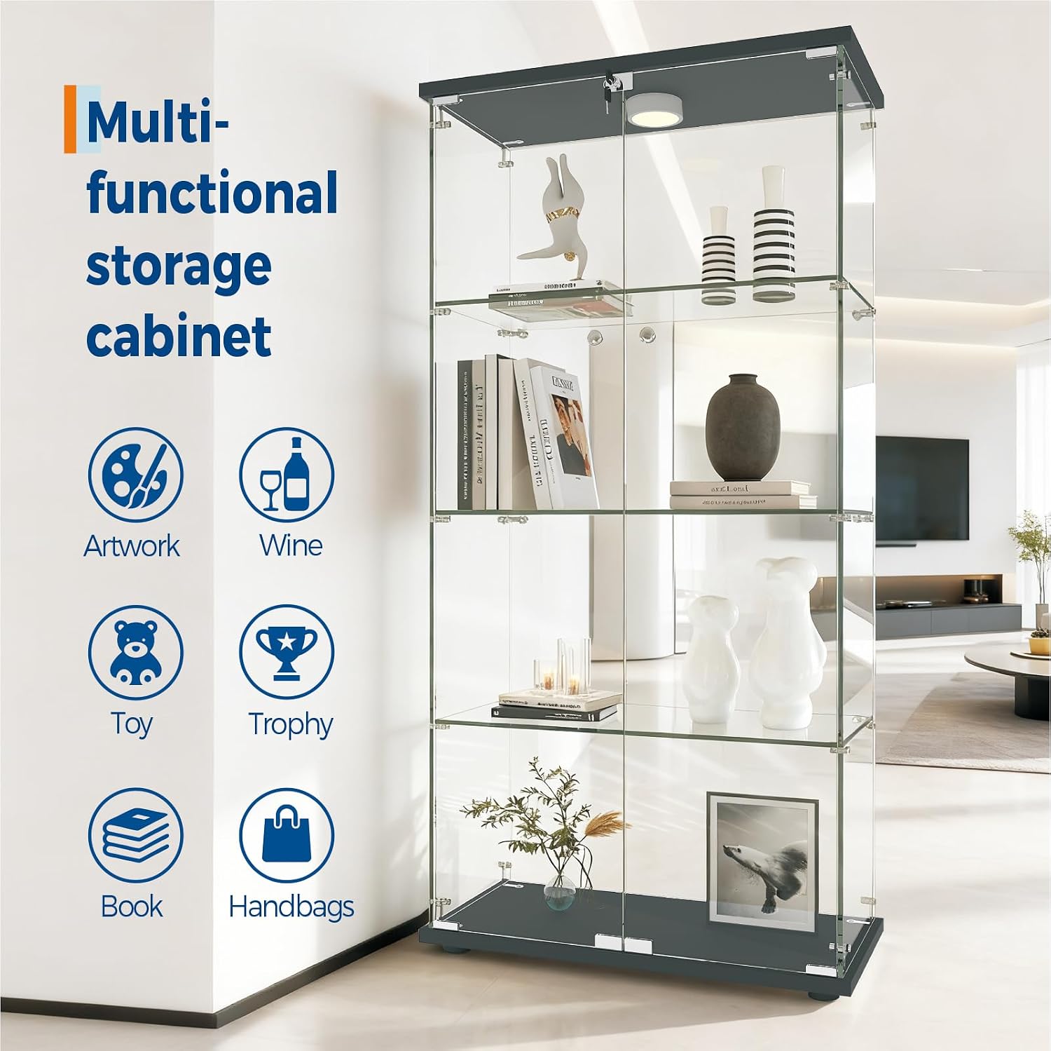 Garvee Glass Display Cabinet with LED Light, Tempered Glass Curio Collection Display Showcase with 4 Shelves and Lock, 2 Door Curio Cabinets for Living Room Bedroom Office, 64 x 31.7 x 14.3 in, Black