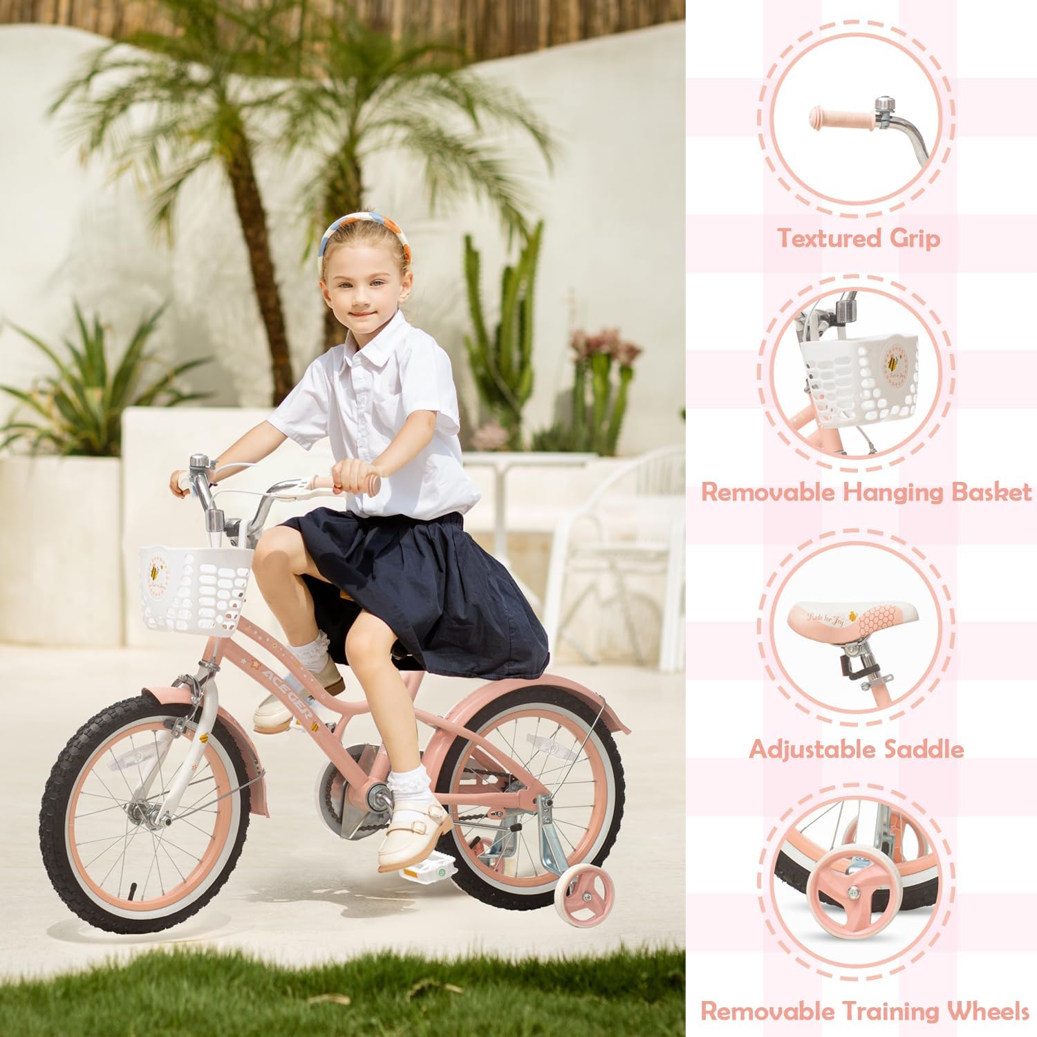 ACEGER Kids Bike for 2-14 Years Old, 12 14 16 18 Inch Girls Bike with Removable Training Wheels, 20 Inch Kid's Bicycle with Kickstand only, Adjustable Seat, Steel Frame & Dual Brakes