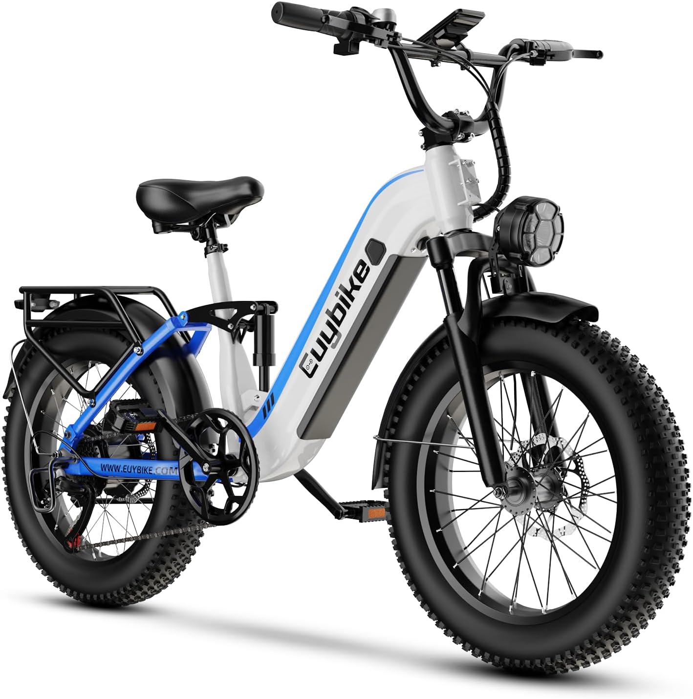 EUYBIKE Electric Bike for Adults 1400W Peak, 48V 20AH(960WH) Removable Battery, 20'x4' Fat Tire Full Suspension 80 Miles Range Step-Thru Hunting Ebike, 7-Speed Dual Brakes Electric Bicycle
